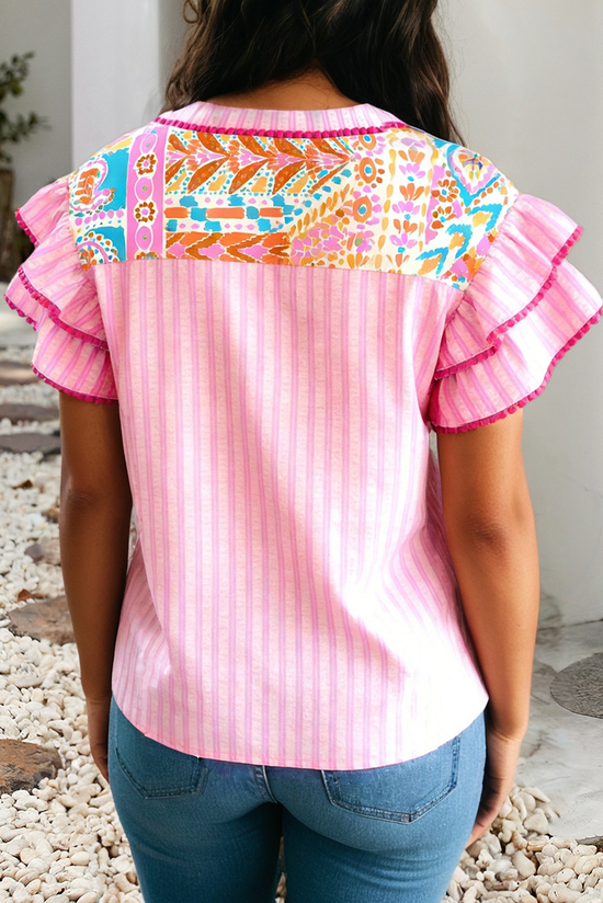 Boho Contrast Striped Patchwork Tiered Blouse