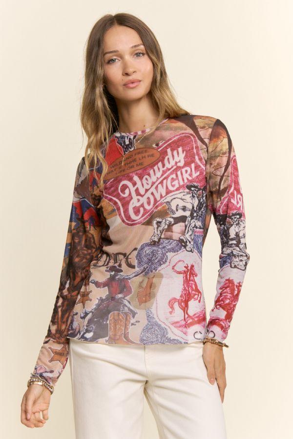 Howdy Cowgirl Western Collage Mesh Top