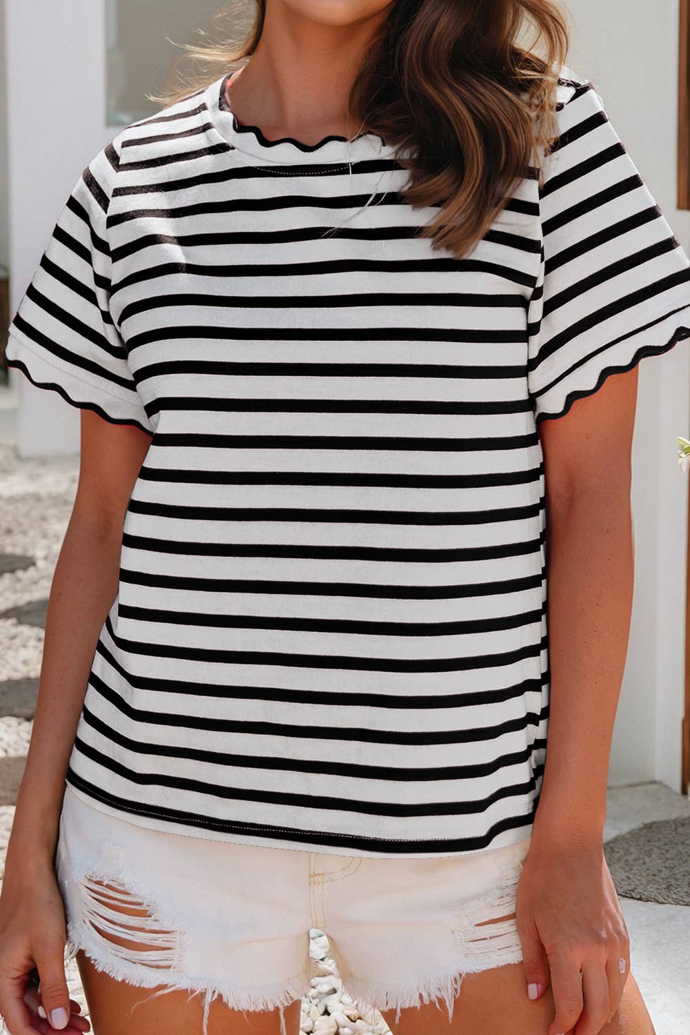 Spring Scalloped Trim Round Neck Stripe Top