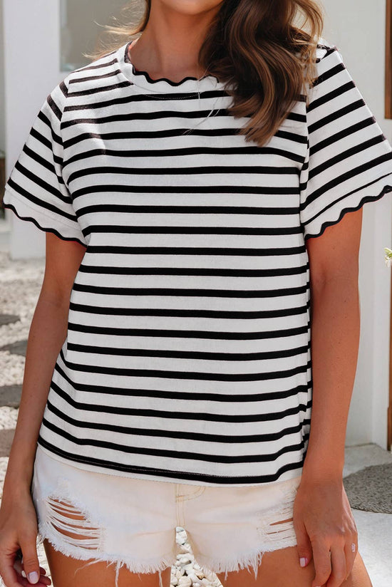 Spring Scalloped Trim Round Neck Stripe Top