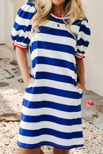 Load image into Gallery viewer, Stripe Contrast Trim  Puff Sleeve Shift Dress
