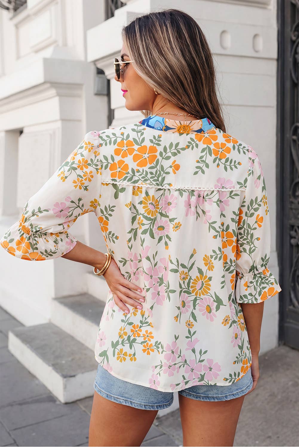 Boho Floral Crochet V Neck Half Sleeve Blouse