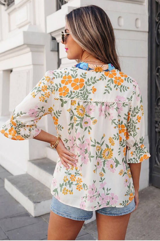 Boho Floral Crochet V Neck Half Sleeve Blouse