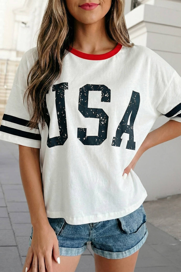 USA Letter Print Striped Sleeve Tee