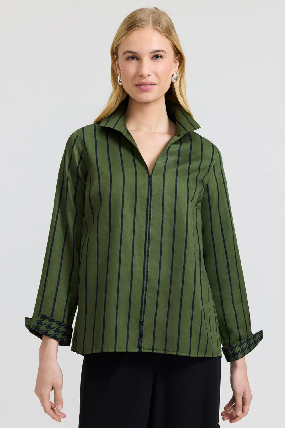 Agnes Stripe & Houndstooth Long Sleeve Popover Shirt