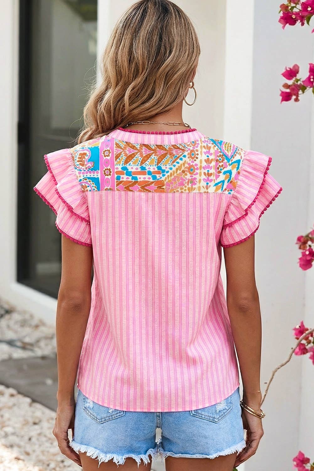 Boho Contrast Striped Patchwork Tiered Blouse