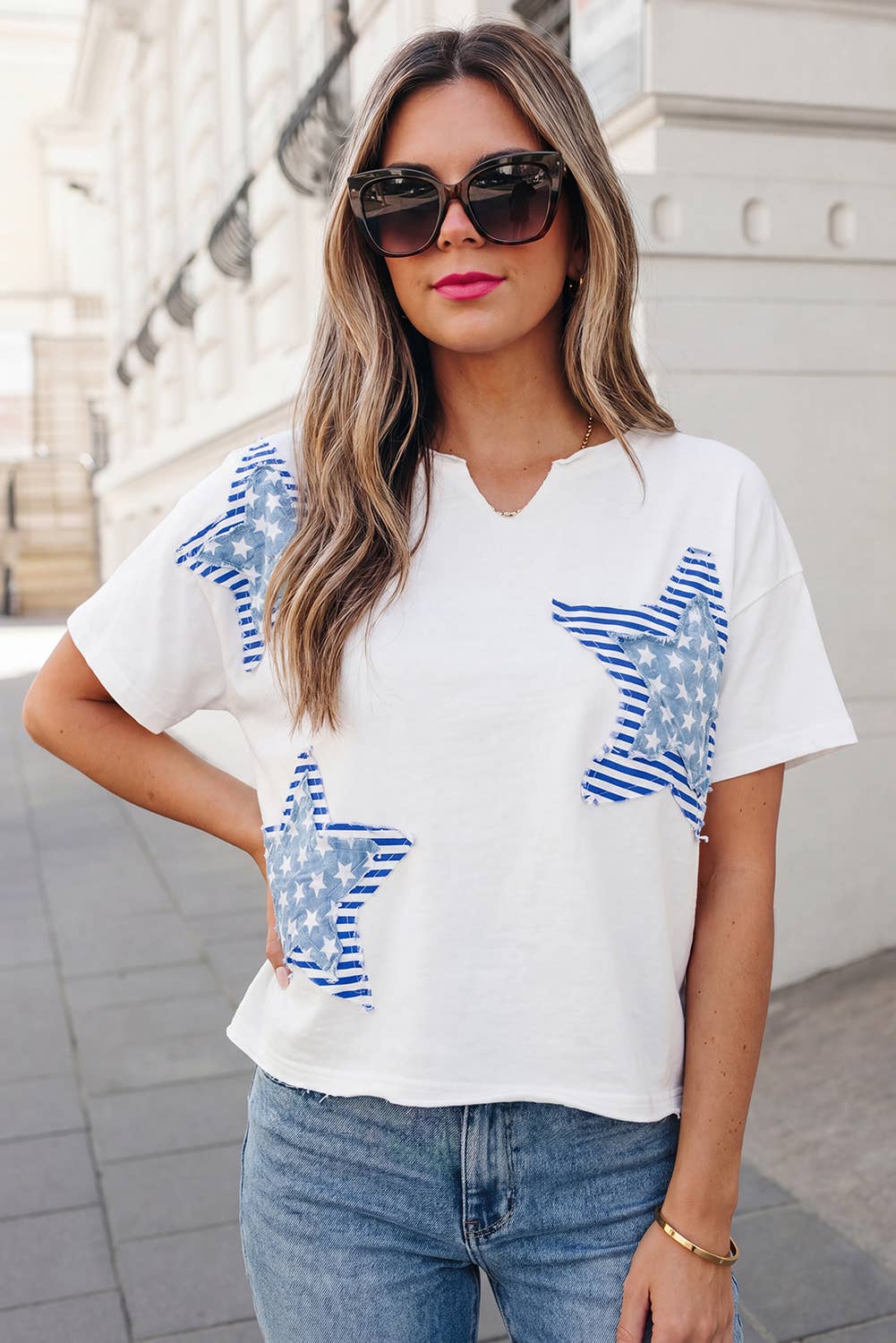 Flag Day Mineral Washed Star Patch V Neck Tee