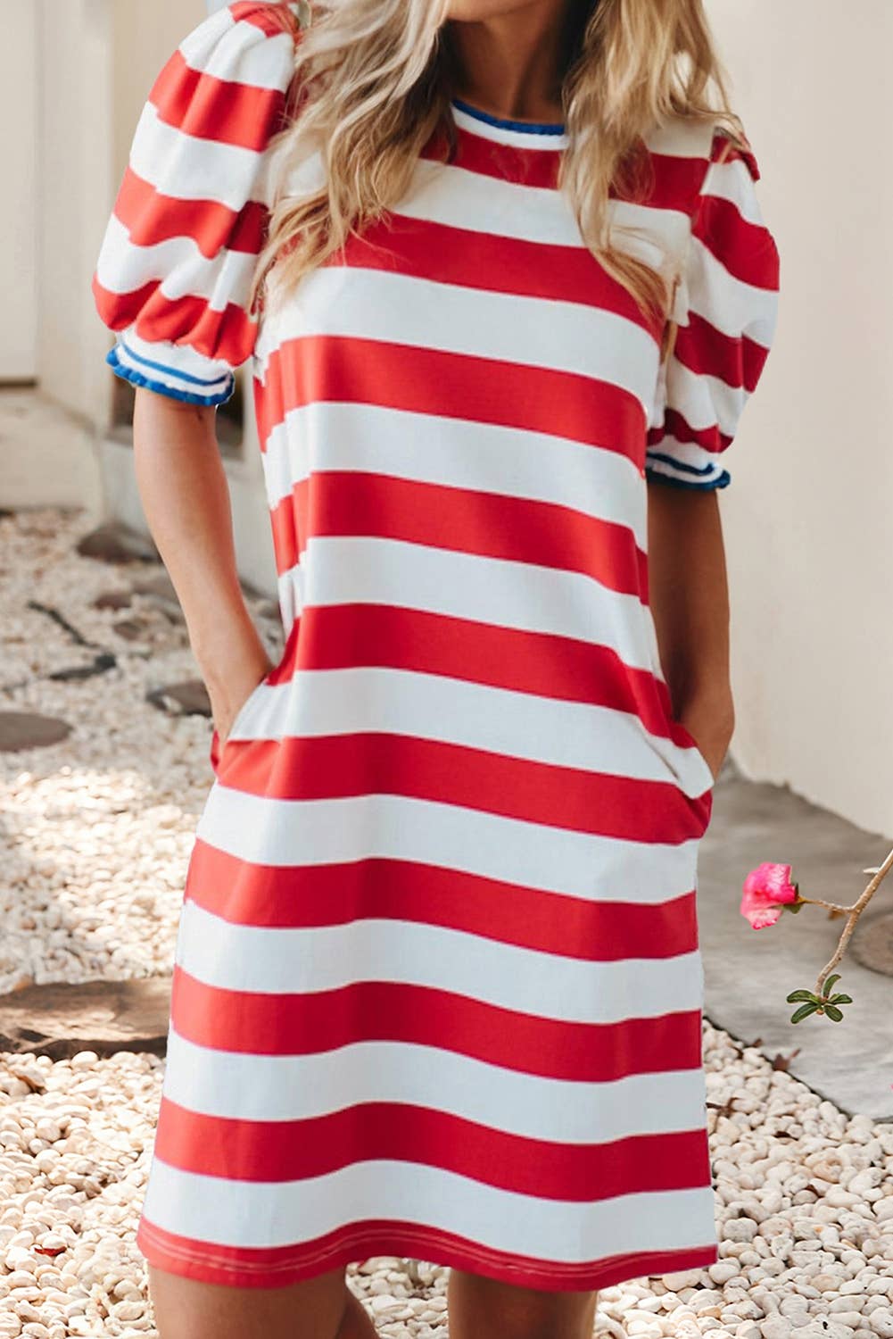 Stripe Contrast Trim  Puff Sleeve Shift Dress