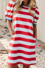 Load image into Gallery viewer, Stripe Contrast Trim  Puff Sleeve Shift Dress
