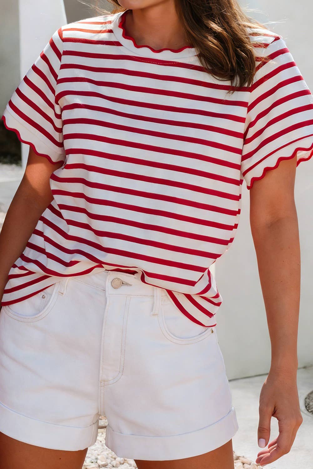 Spring Scalloped Trim Round Neck Stripe Top