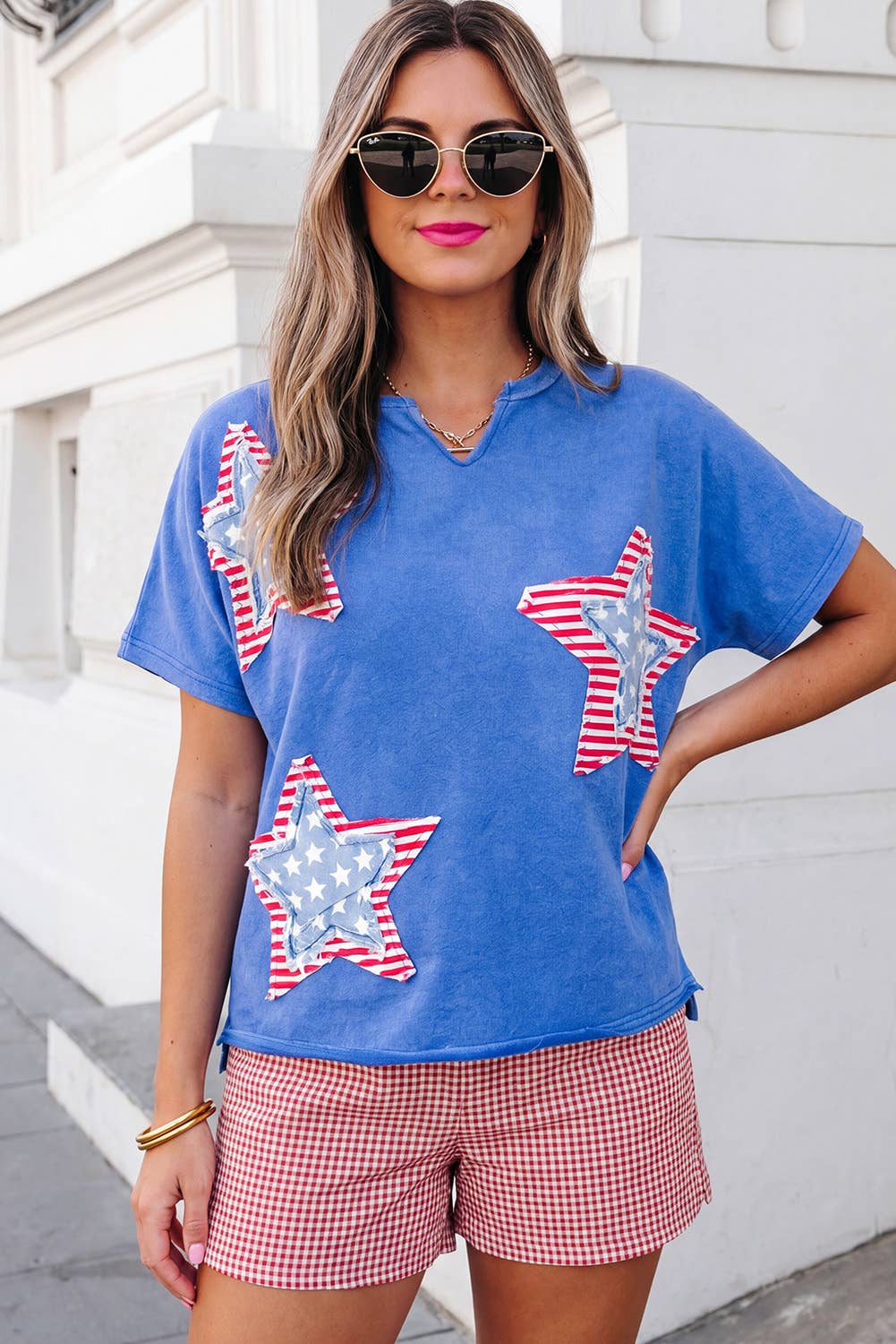 Flag Day Mineral Washed Star Patch V Neck Tee