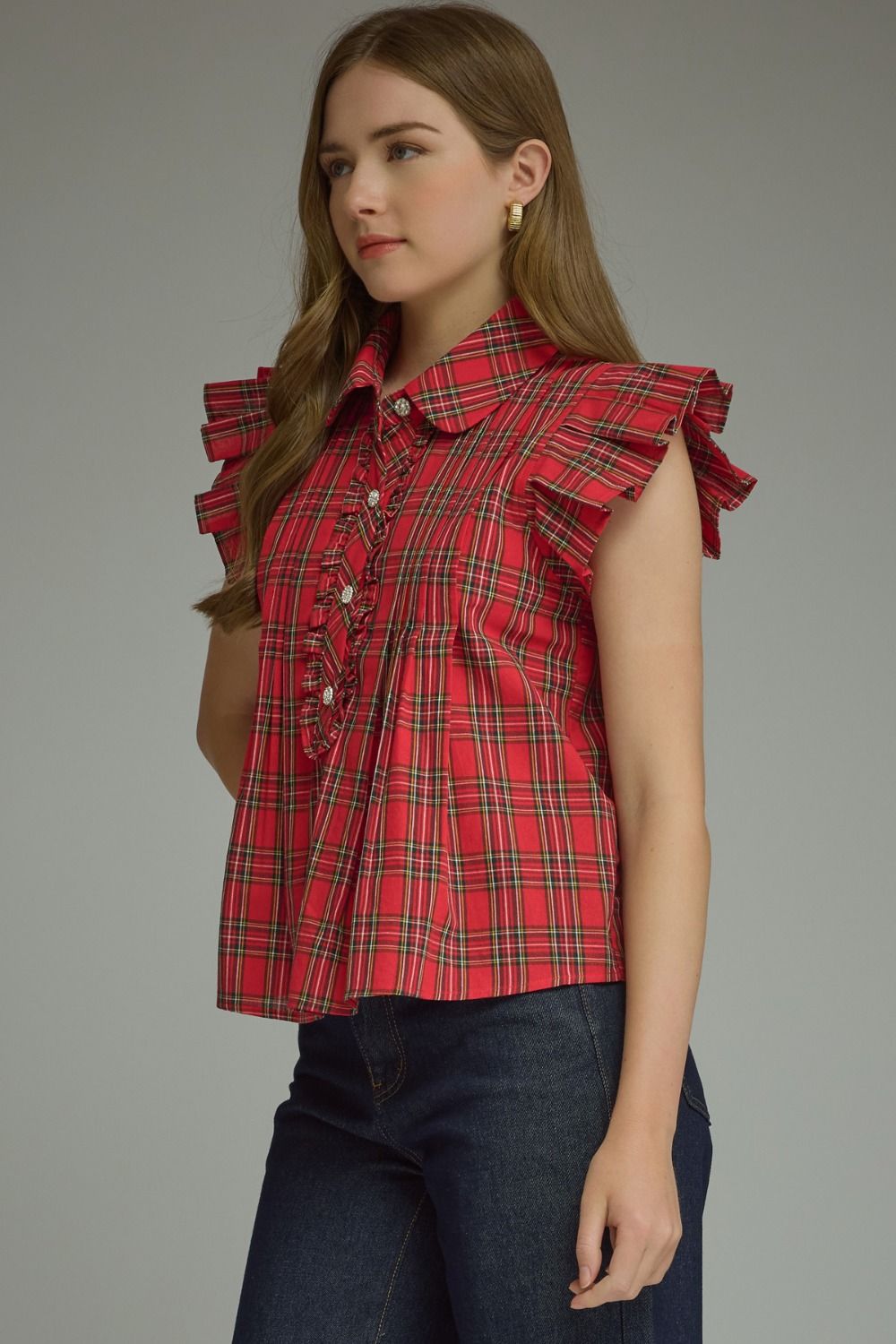 Plaid Ruffle Sleeve Top