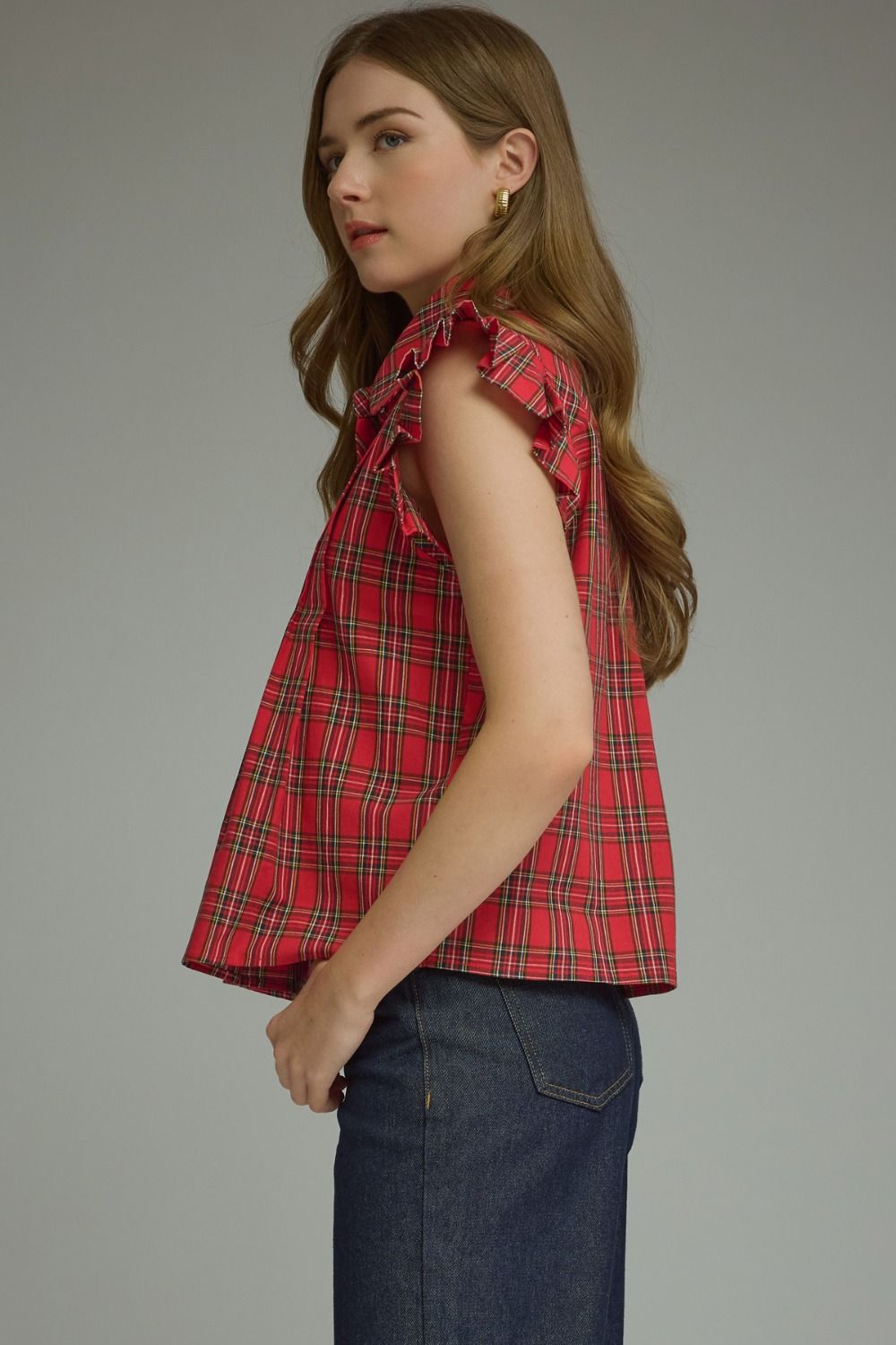 Plaid Ruffle Sleeve Top