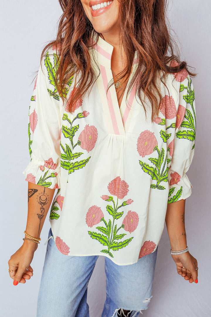 Spring Wild Flower V Neck Blouse