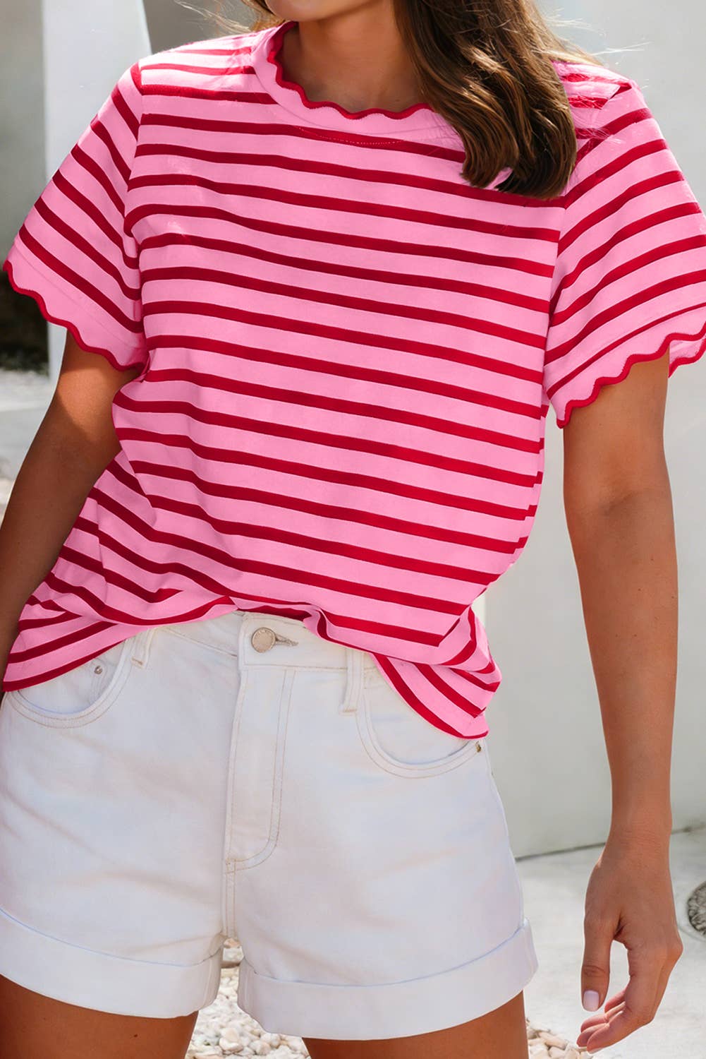 Spring Scalloped Trim Round Neck Stripe Top