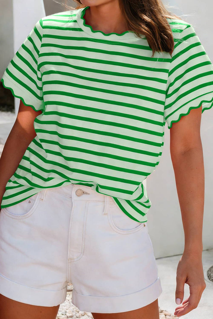 Spring Scalloped Trim Round Neck Stripe Top