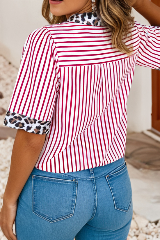 Leopard Striped Collared Short Sleeve Top
