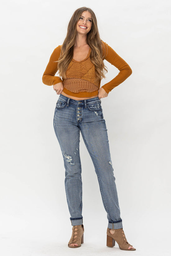 Judy Blue Boyfriend Mid Rise Button Fly Long/Tall Option
