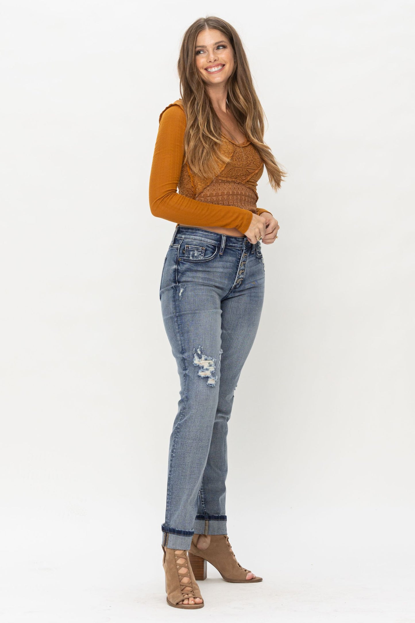 Judy Blue Boyfriend Mid Rise Button Fly Long/Tall Option