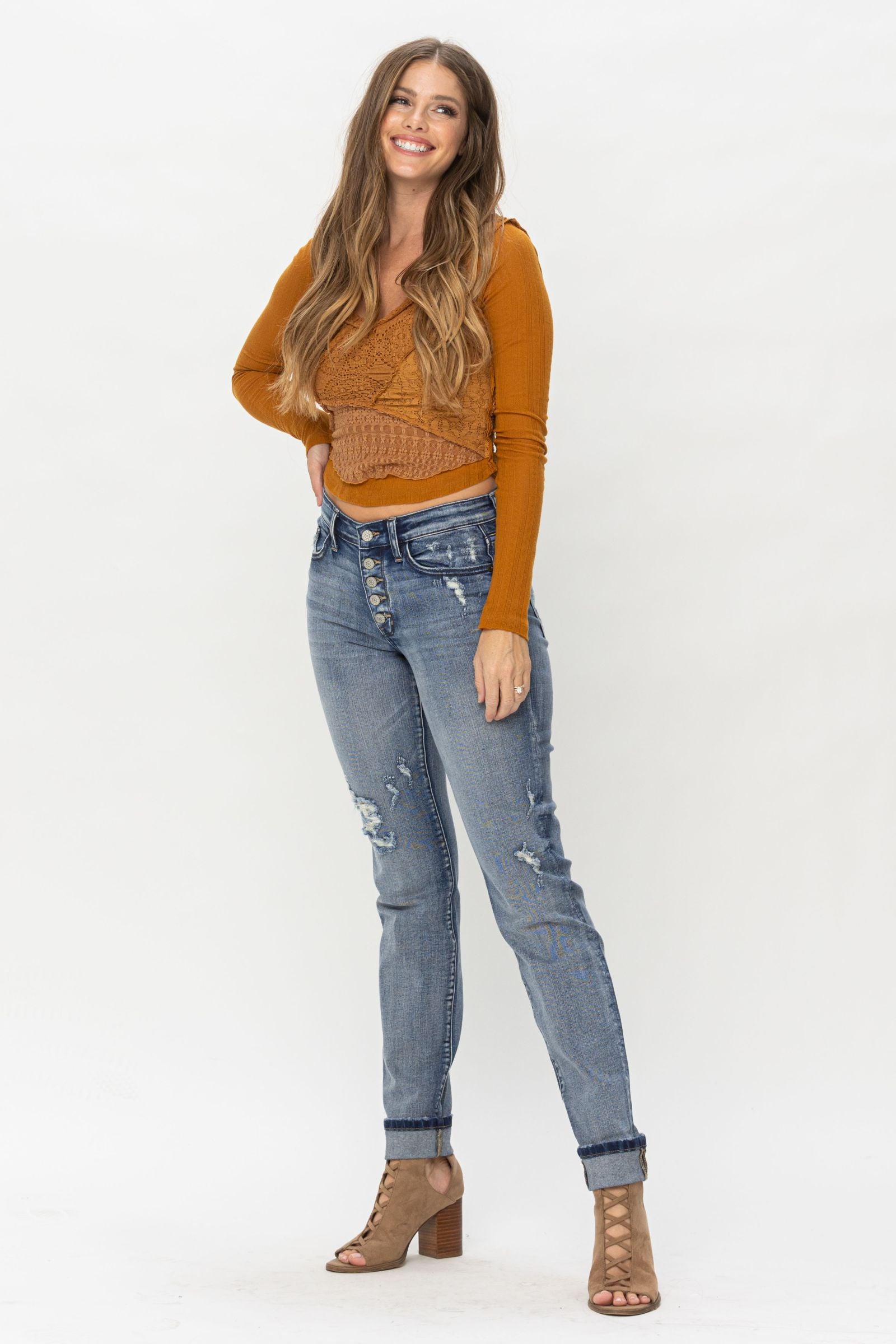 Judy Blue Boyfriend Mid Rise Button Fly Long/Tall Option