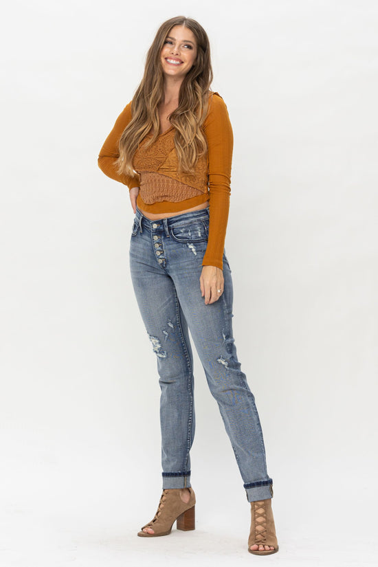 Judy Blue Boyfriend Mid Rise Button Fly Long/Tall Option