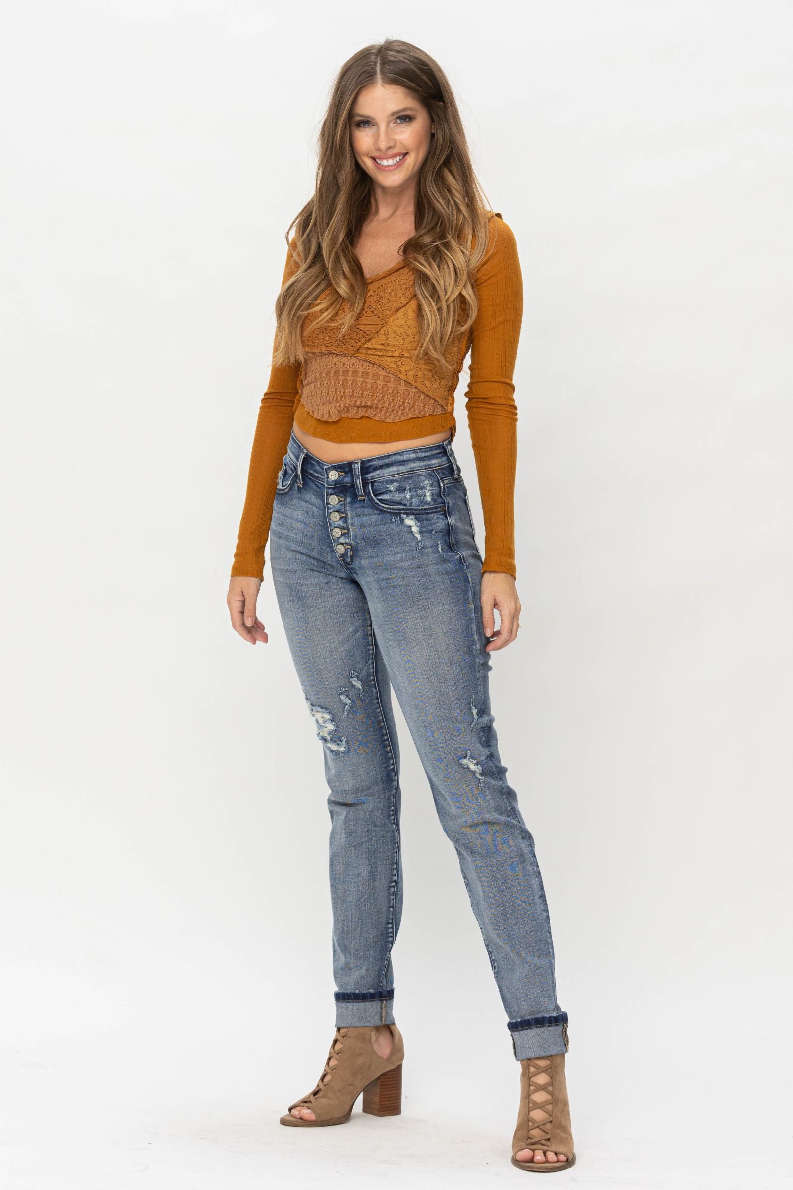 Judy Blue Boyfriend Mid Rise Button Fly Long/Tall Option